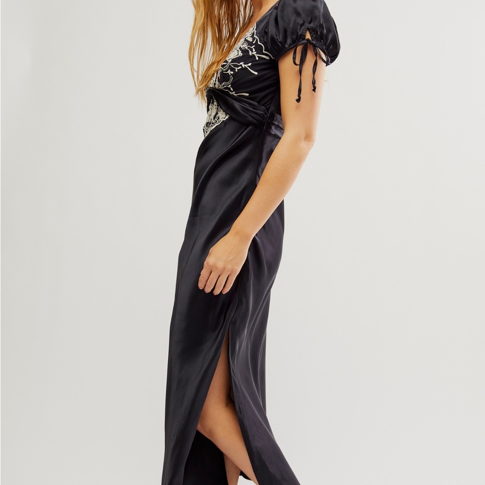 Free People Black Maxi Dress with White Embroidery